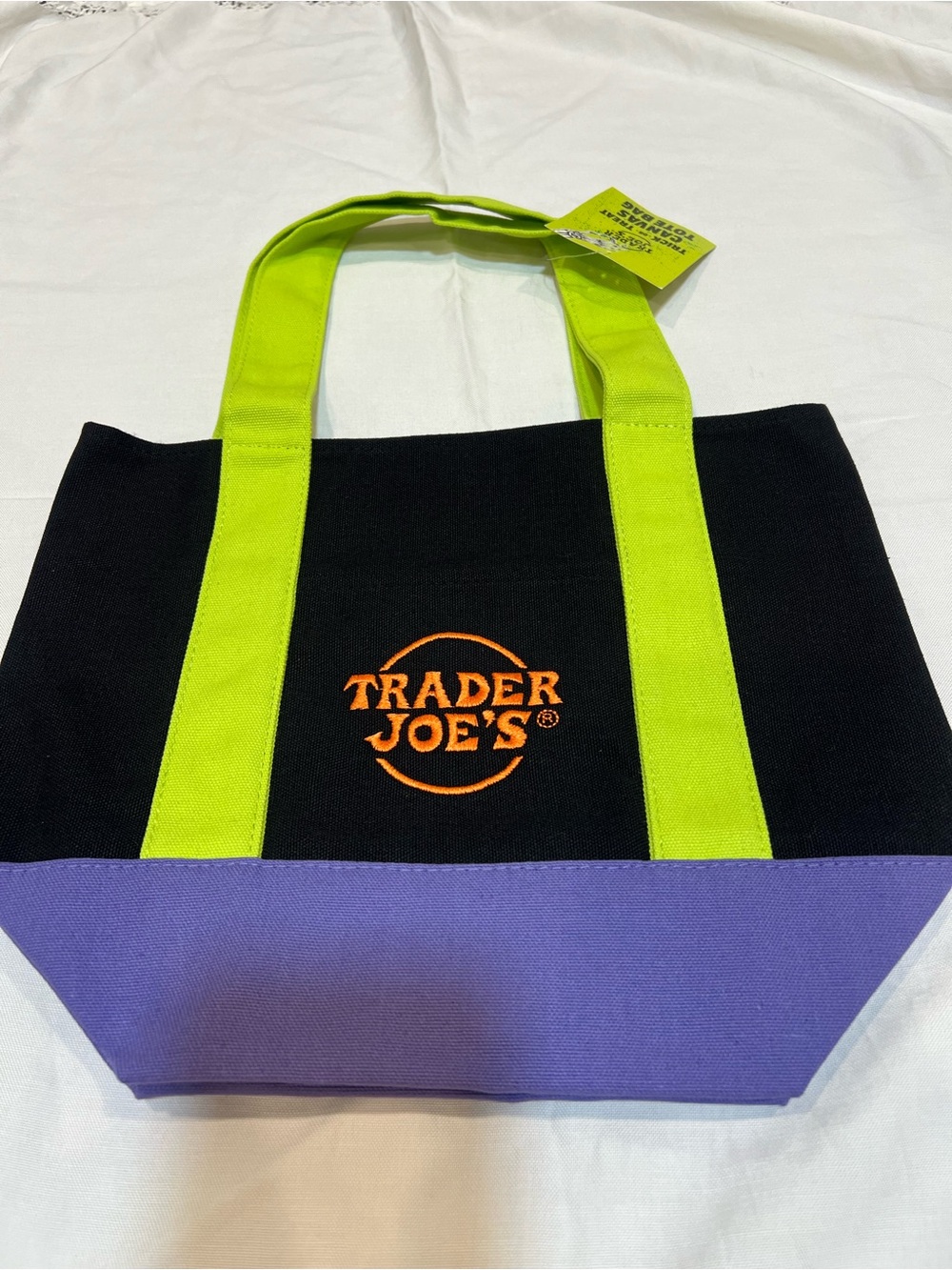 Trader Joe's Black & Neon Lime Canvas minie Tote with Purple Base